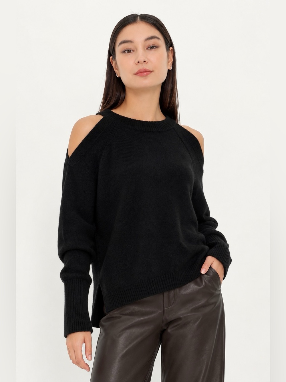 Saks Fifth Avenue 100% Cashmere Cold Shoulder Sweater Black Women Size M